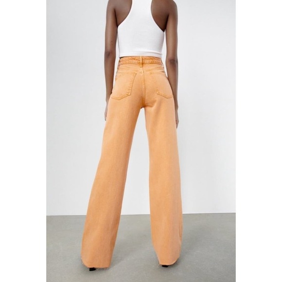 Zara High Rise Wide Leg Jeans Orange Size 2 Raw Hem Full Length - Picture 2 of 10